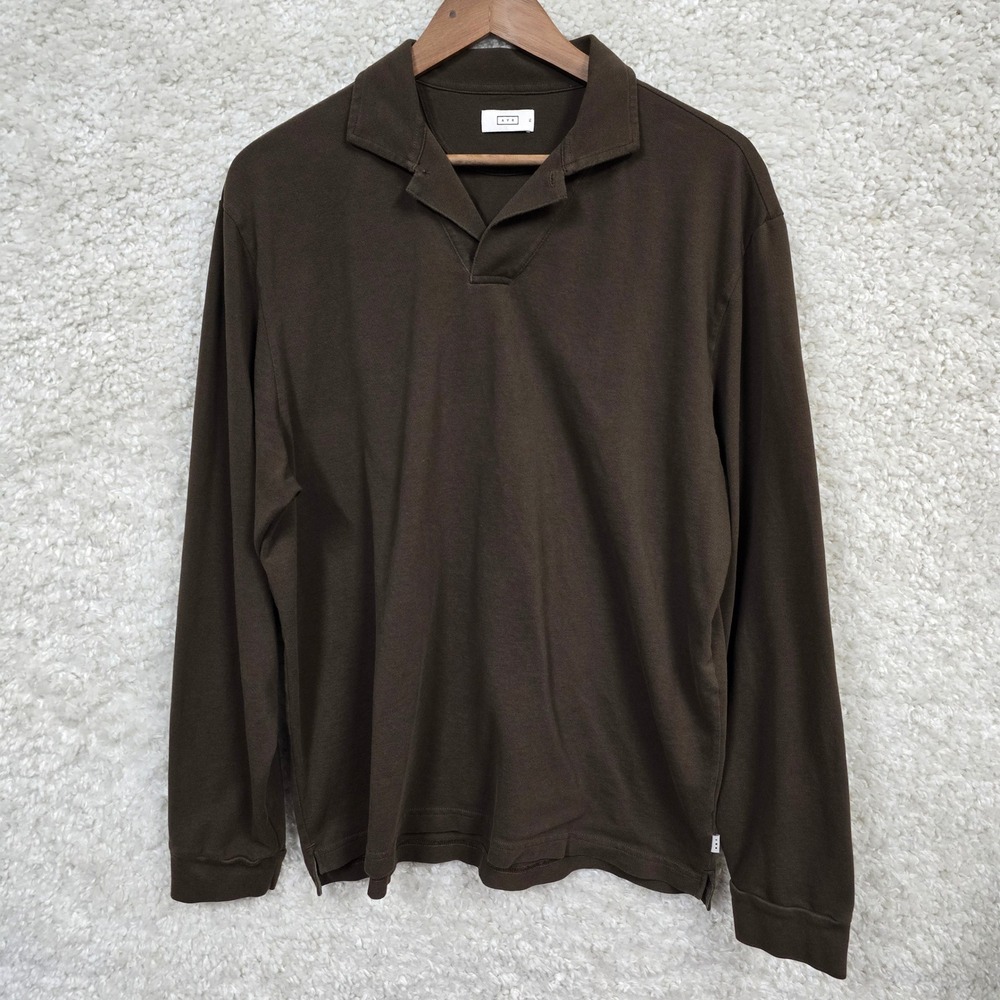 AYR Pima Cotton Long Sleeve Polo Mens XL Brown Open Collar Minimalist Luxury